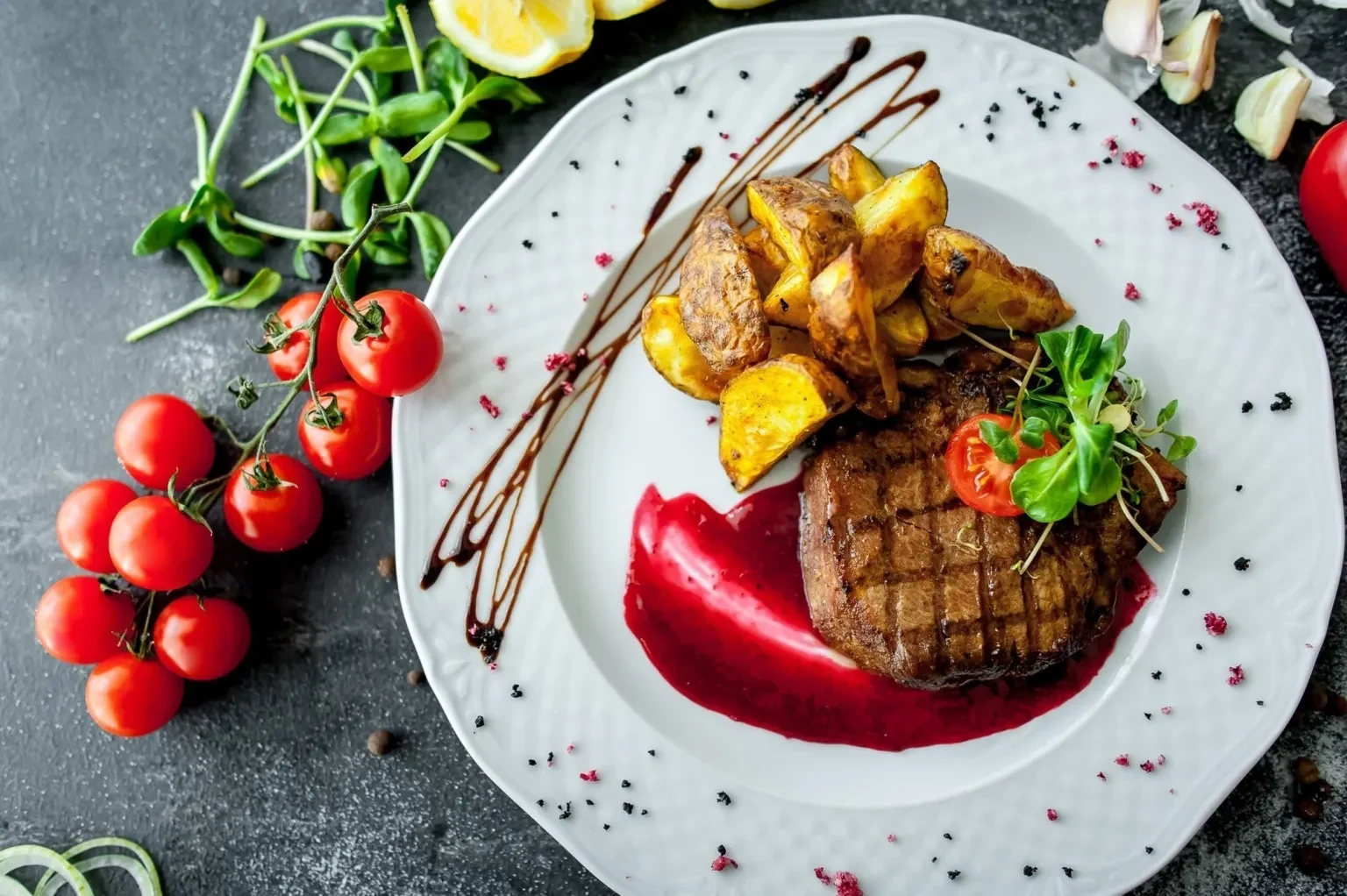 Grillad entrecôte med potatis och grönsaker